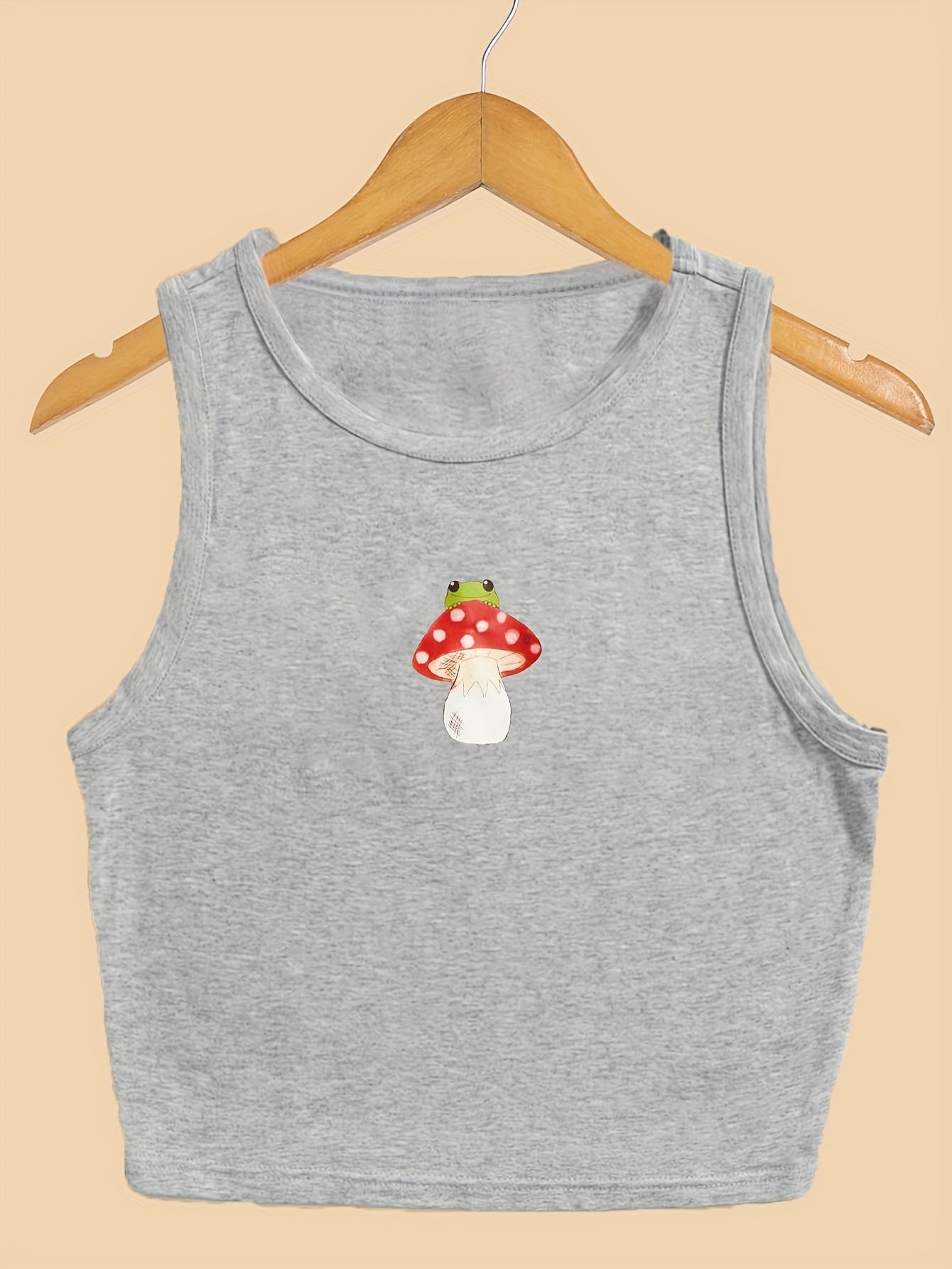 Mushroom & Frog Print Crop Tank Top Sleeveless Casual Top