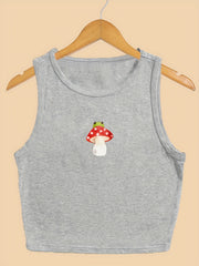 Mushroom & Frog Print Crop Tank Top Sleeveless Casual Top