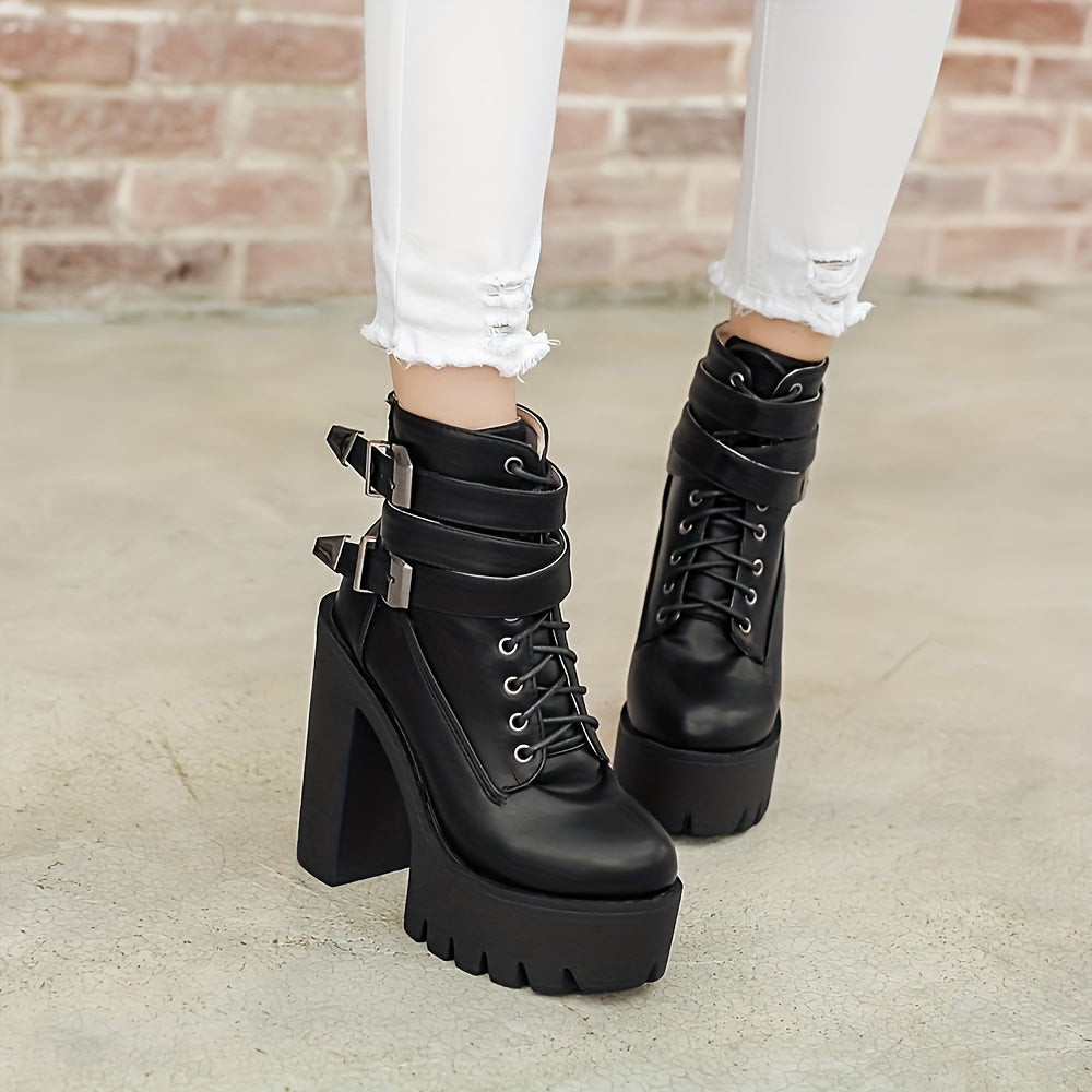 Women's Platform Block Heel Boots Lace Up Ankle Motorcycle Boots