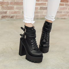 Women's Platform Block Heel Boots Lace Up Ankle Motorcycle Boots