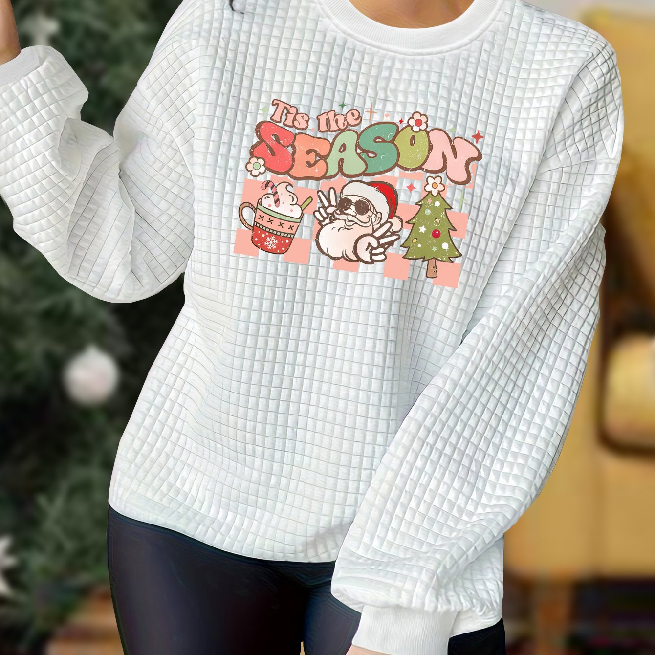 Women's Plus Size Christmas Waffle Print Pajama Top