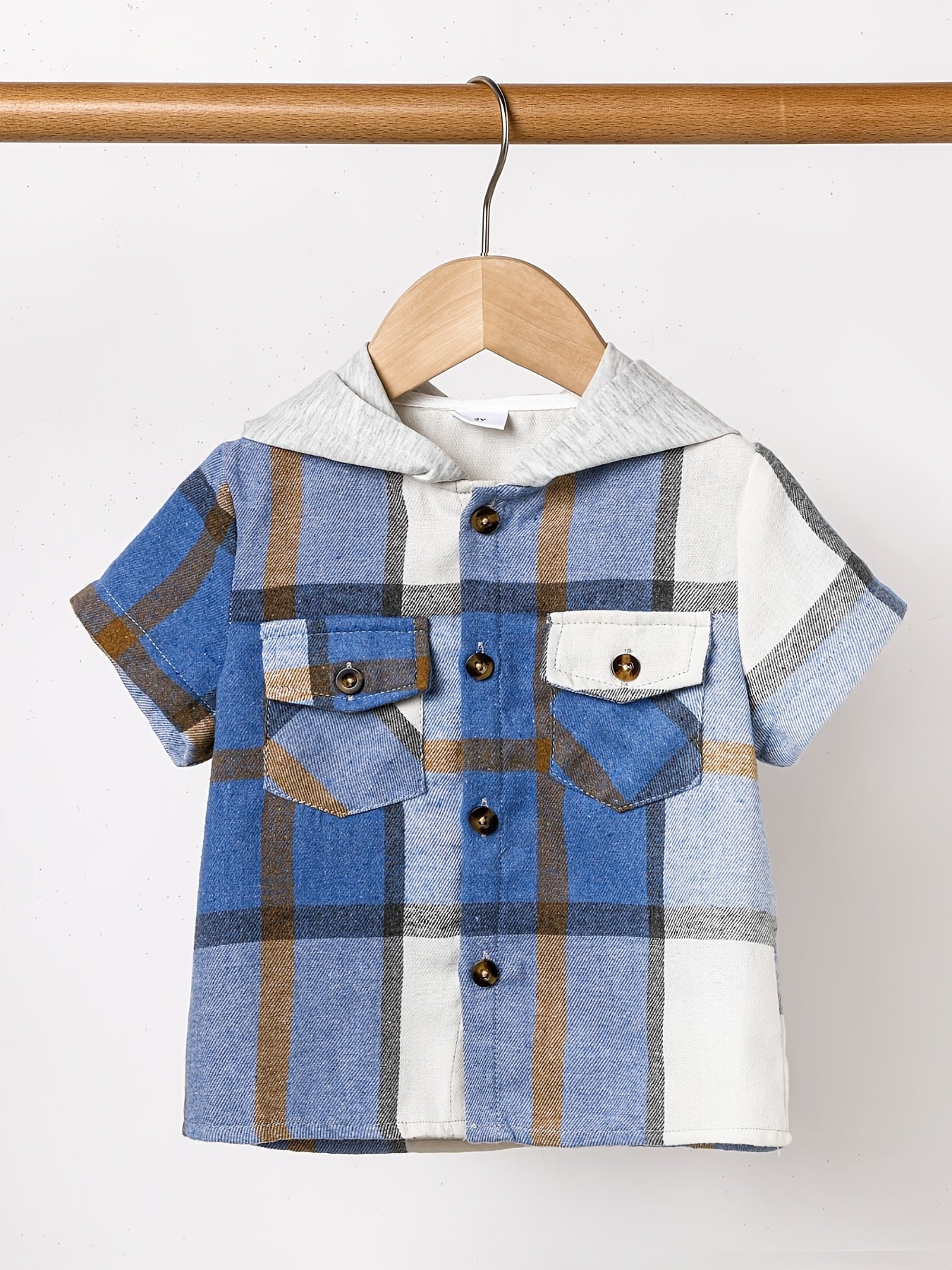 Boys Plaid Shirt Short Sleeves Hood Pocket Casual Kids Clothes