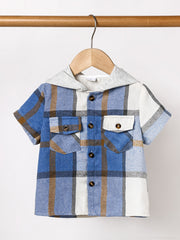 Boys Plaid Shirt Short Sleeves Hood Pocket Casual Kids Clothes