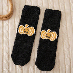 Pumpkin & Bat Print Socks & Funny Halloween Fuzzy Socks Women's