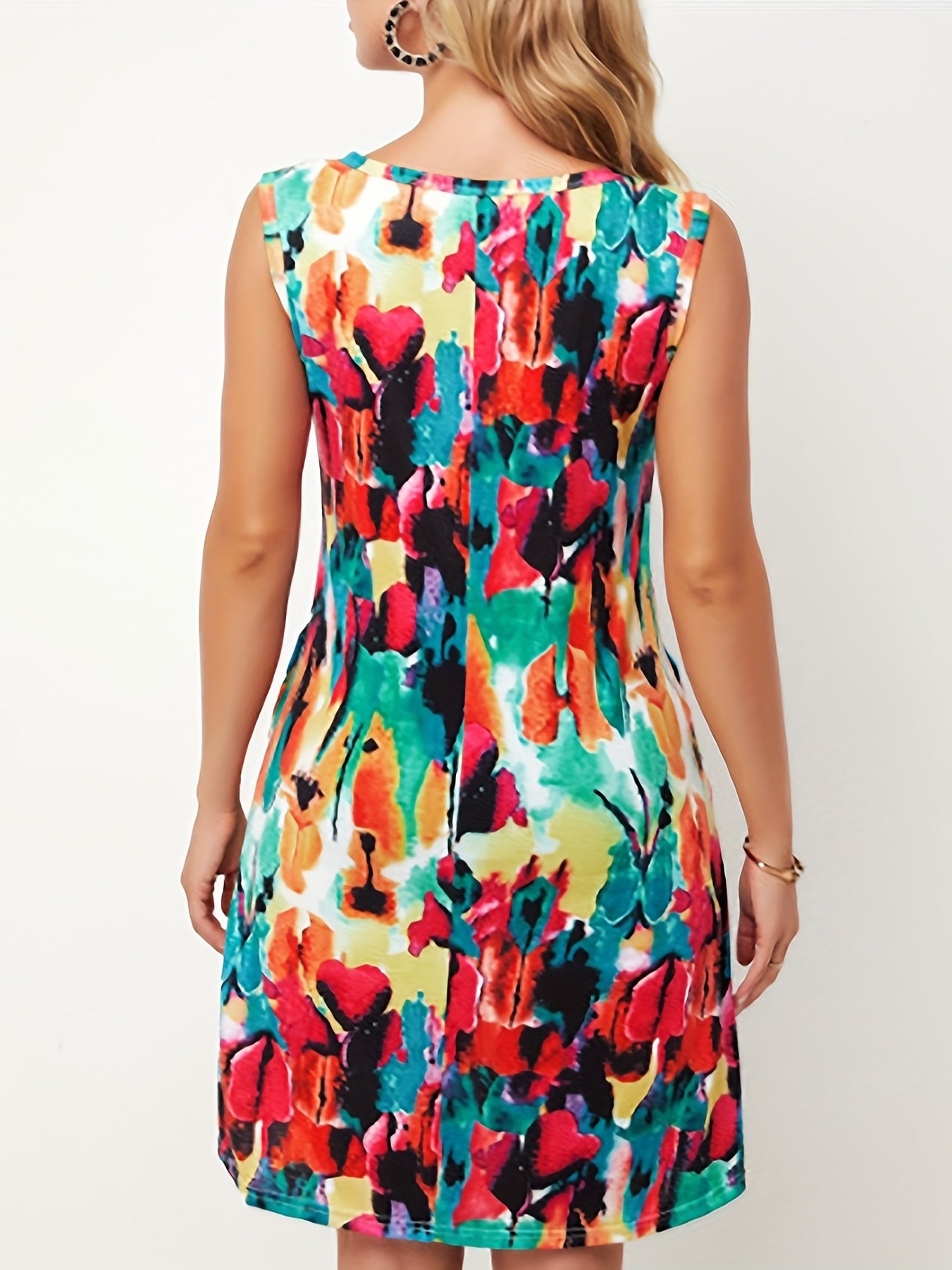 Sunflower Print Summer Dress Crew Neck Sleeveless Casual Dress