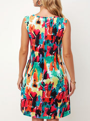 Sunflower Print Summer Dress Crew Neck Sleeveless Casual Dress