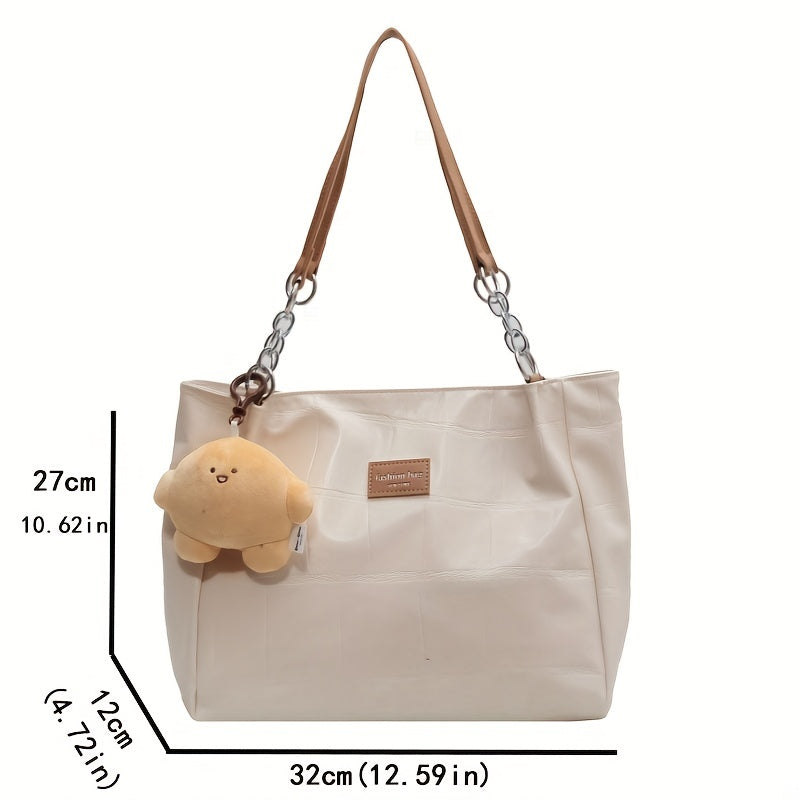 Large Capacity Tote Bag Casual PU Leather Shoulder Bag With Pendant