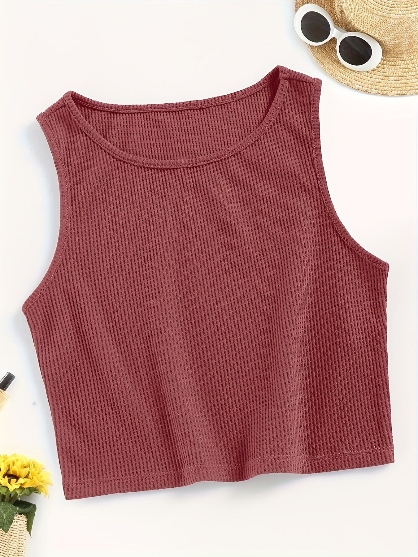 Waffle Solid Tank Top Sleeveless Crew Neck Casual & Comfy Women's Lingerie