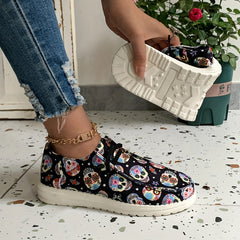 Women's Skull & Flower Print Sneakers Lace Up Outdoor Shoes