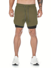 Men's 2 In 1 Quick Dry Running Shorts Above Knees Double Layer With Pockets