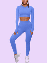 Seamless Workout Set - Long Sleeve Crop Top & High Waisted Leggings