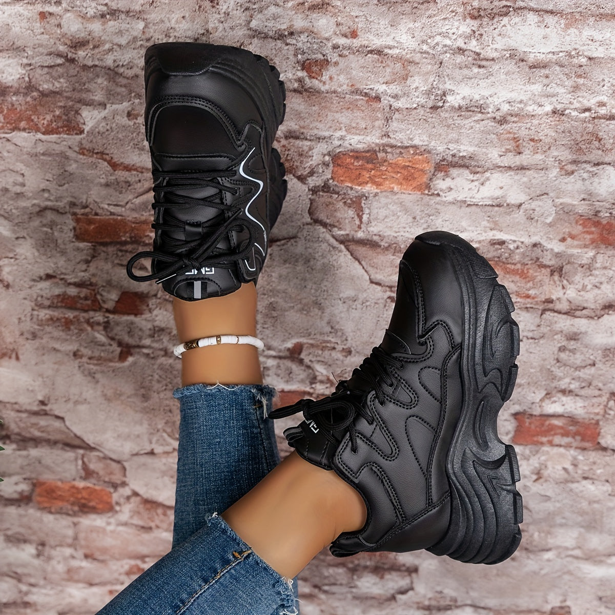Women's Thick Bottom Sports Shoes Casual Solid Sneakers Lace Up Platform