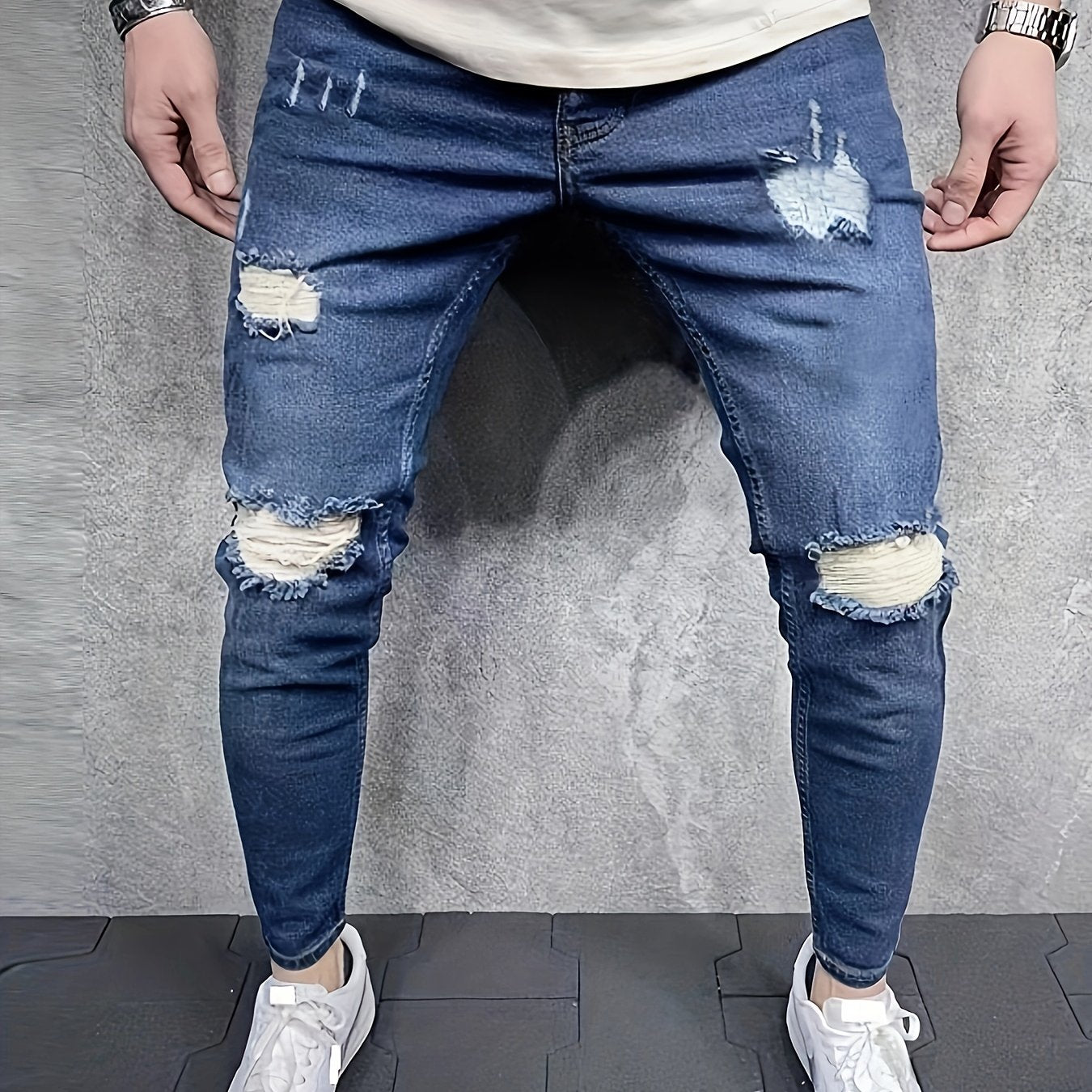 Slim Fit Ripped Cotton Jeans Mens Casual Street Style Distressed Mid Stretch Den