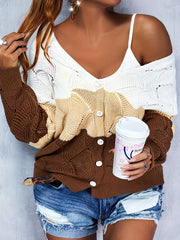 Colorblock Pointelle Long Sleeve V Neck Sweater Cardigan