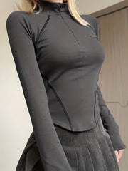 Solid Mock Neck Sports Long Sleeve Zipper Top
