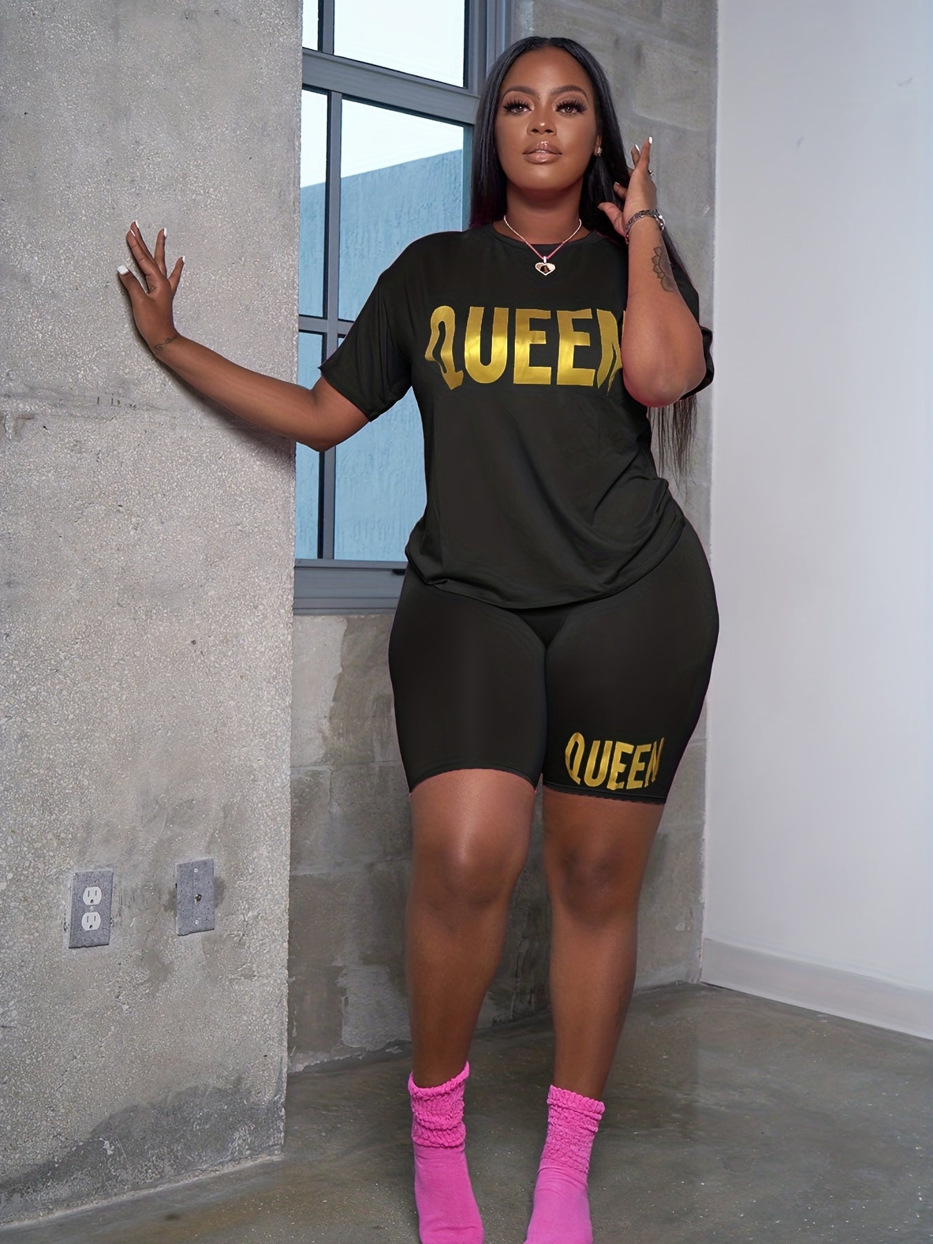 Letter Print Two piece Set Short Sleeve T shirt & High Waist Shorts