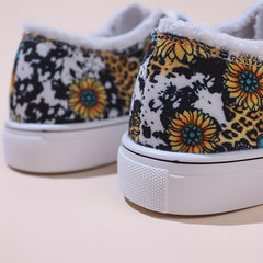 Floral & Leopard Print Lace-Up Low Round Toe Lightweight Flat Shoes