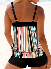 Geometric & Striped Tankini Set Round Neck Swimsuit Women's S