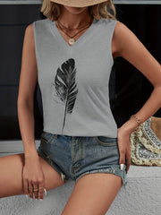 Feather Print V Neck Tank Top Sleeveless Casual Summer Women's Clothing