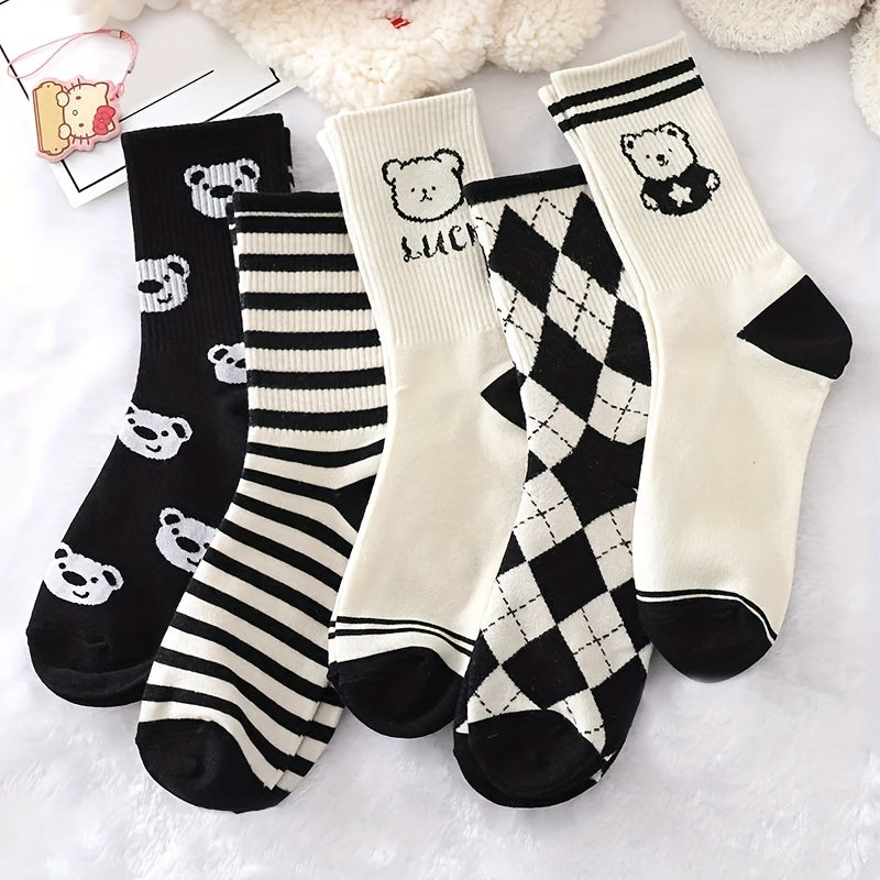 10 Pairs Women's Bear & Plaid Print Mid Tube Socks