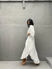 Solid V Neck Ruffle Trim Maxi Split Cover Up