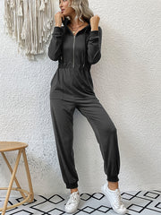 Hooded Drawstring Jumpsuit Long Sleeve Running Jumpsuit