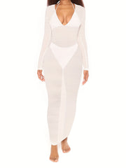 Deep V Neck Knitted Cover Up Dress Solid Ankle Length Sexy Beach Cover Up