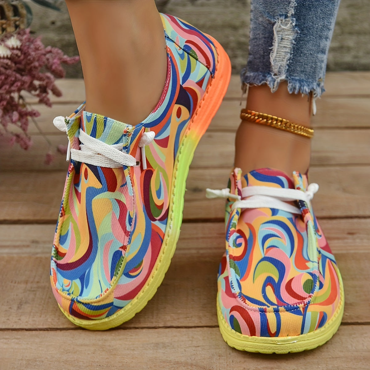 Women's Abstract Canvas Lace Up Outdoor Shoes Lightweight Sneakers