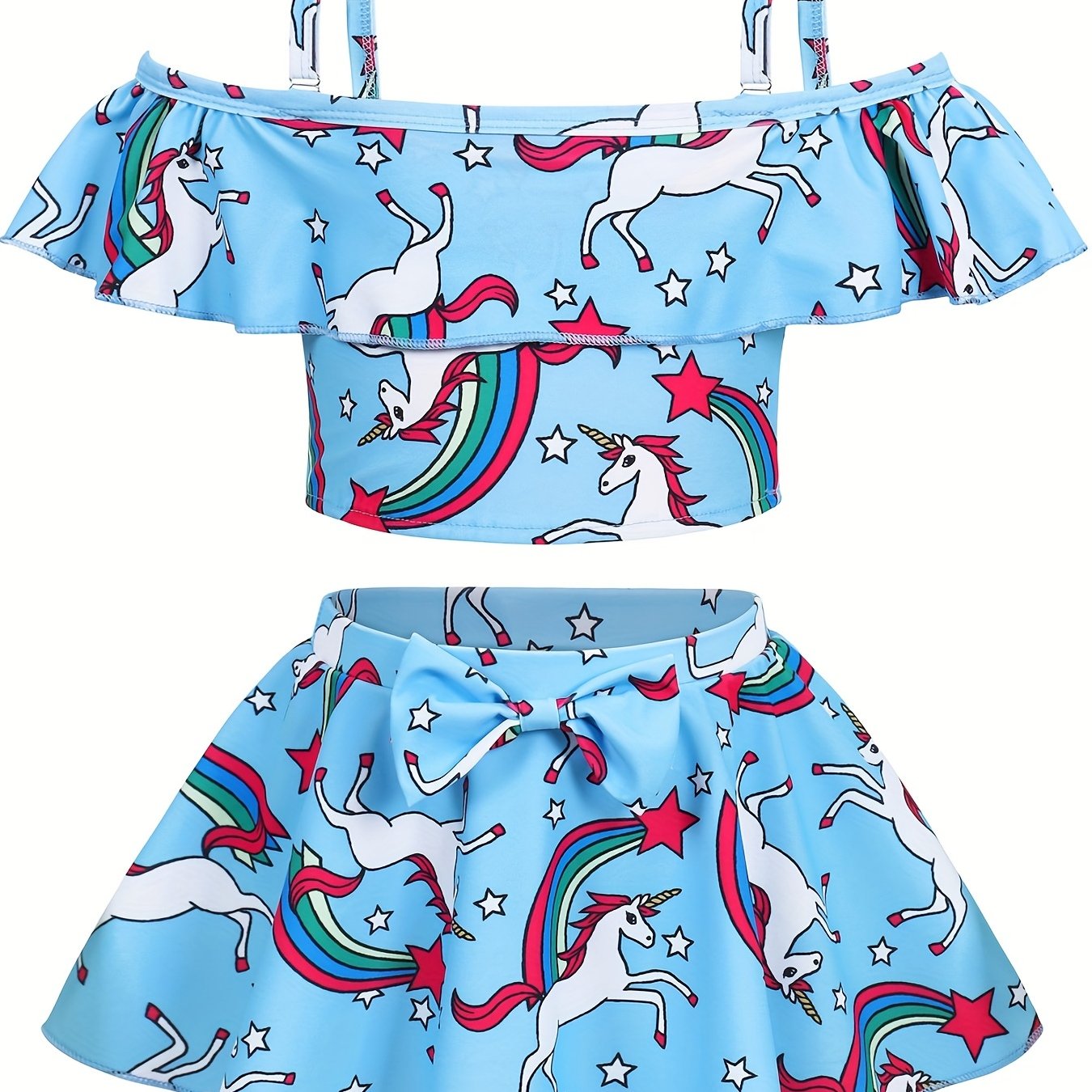 Toddler Girls Unicorn Swimsuit Ruffle Top & Bow Skort Set