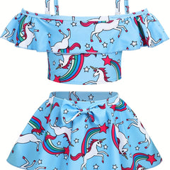 Toddler Girls Unicorn Swimsuit Ruffle Top & Bow Skort Set