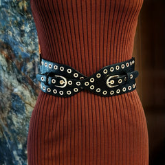 Stylish Eyelet Hollow Out Belt Double Pin Buckle Elastic PU Leather Wide Belt