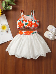 2pcs Baby Girls Floral Print Camisole Top & Eyelet Belted Skirt Set