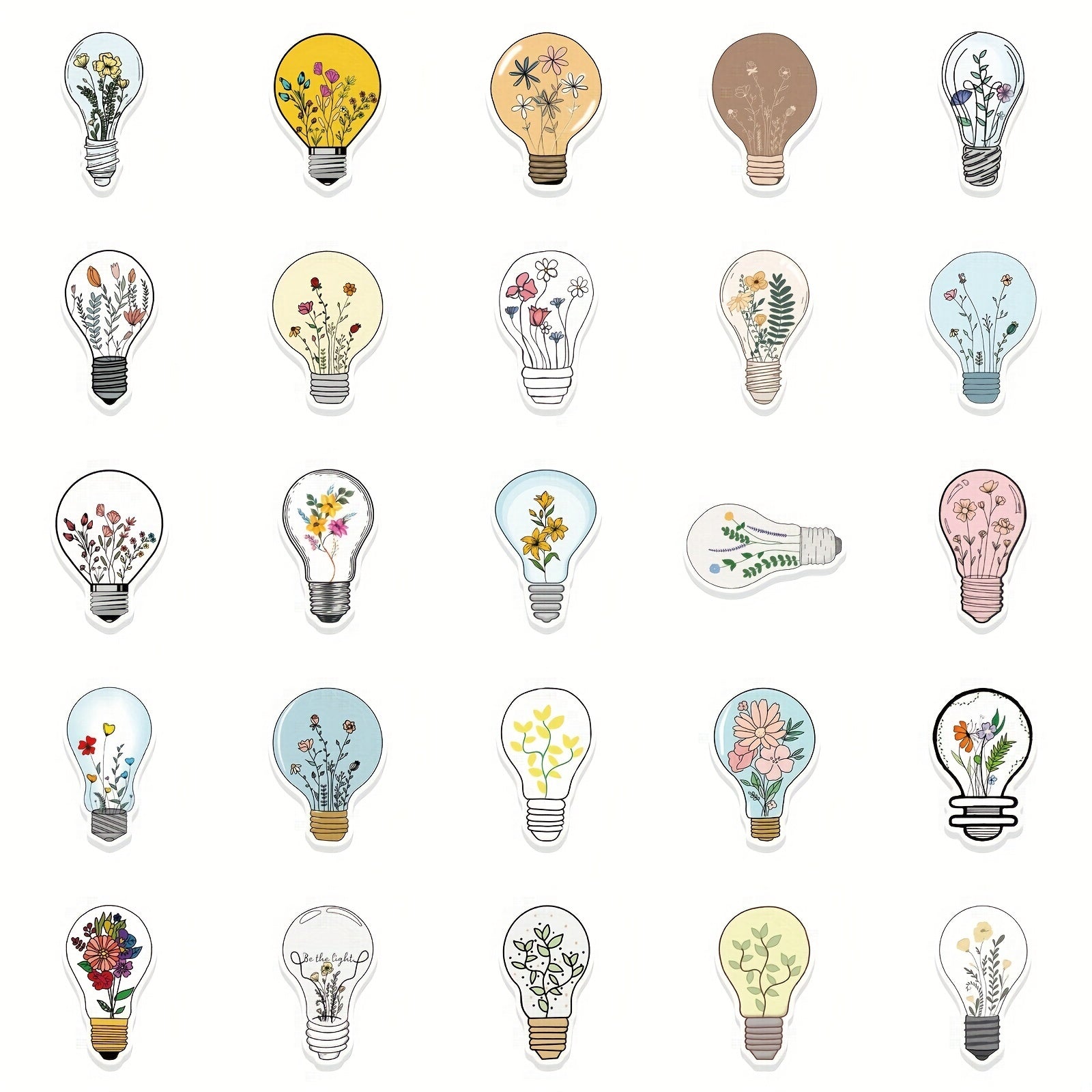 50 Cartoon Light Bulbs Flowers Graffiti Stickers DIY Waterproof Stickers