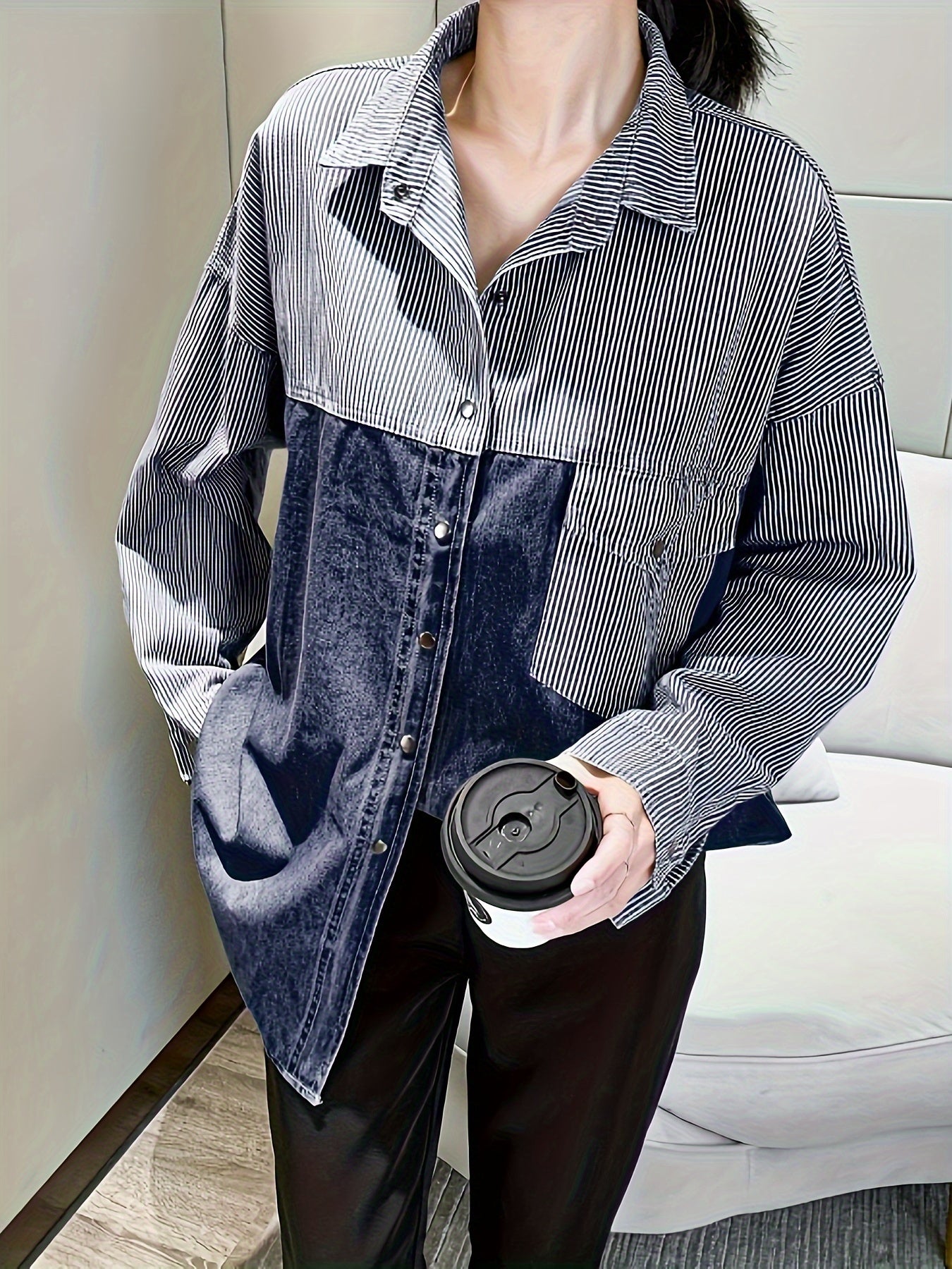 Colorblock Button Up Denim Shirt