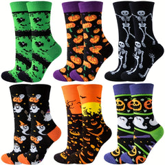 6 Pairs Halloween Skull & Pumpkin Print Funny Mid Tube Socks Women's Stockings