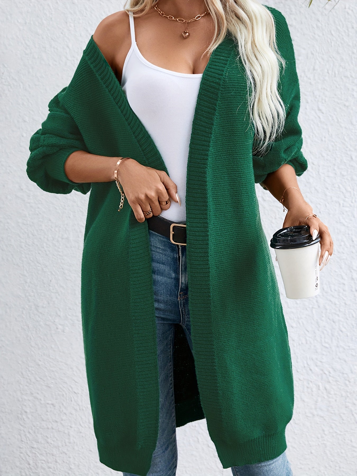 Solid Open Front Drop Shoulder Cardigan Long Sleeve