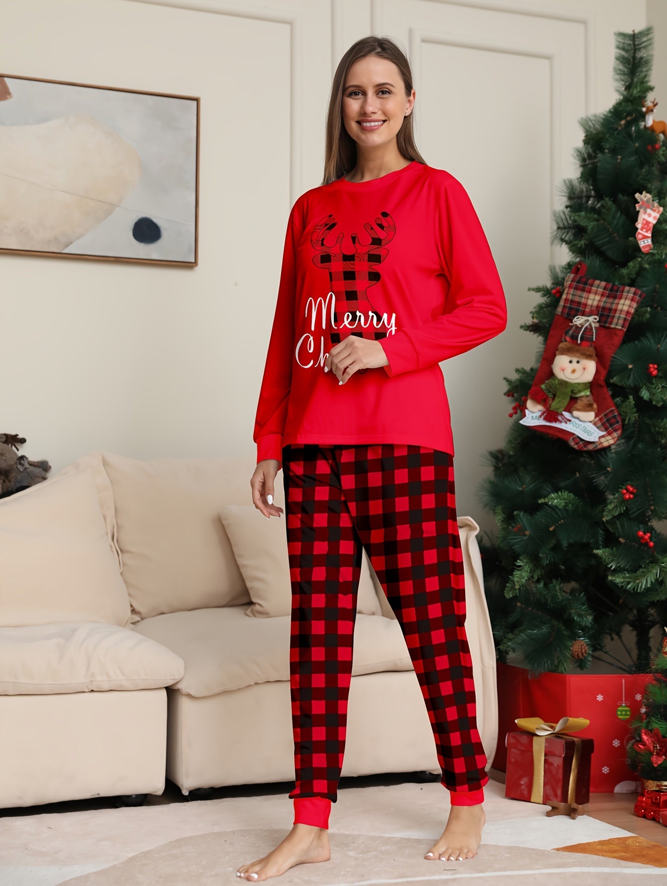 Christmas Pattern Pajama Set Long Sleeve Top & Pants Women's Sleepwear