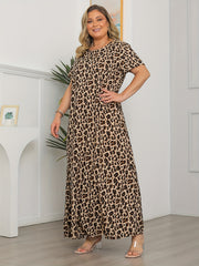 Leopard Print Round Neck Maxi Dress Short Sleeve Plus Size