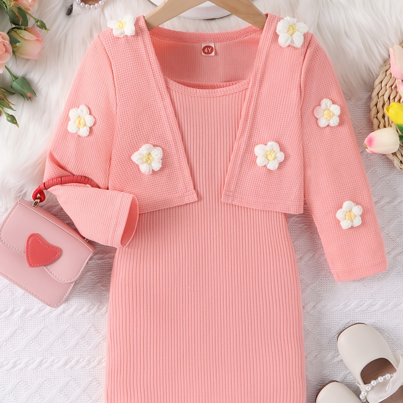Toddler Girl's 2pcs Knitted Floral Cardigan & Ribbed Sundress Set