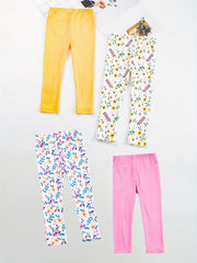 4pcs Girls' Stretch Ankle Pants Plain & Floral Print Casual Kids Pants