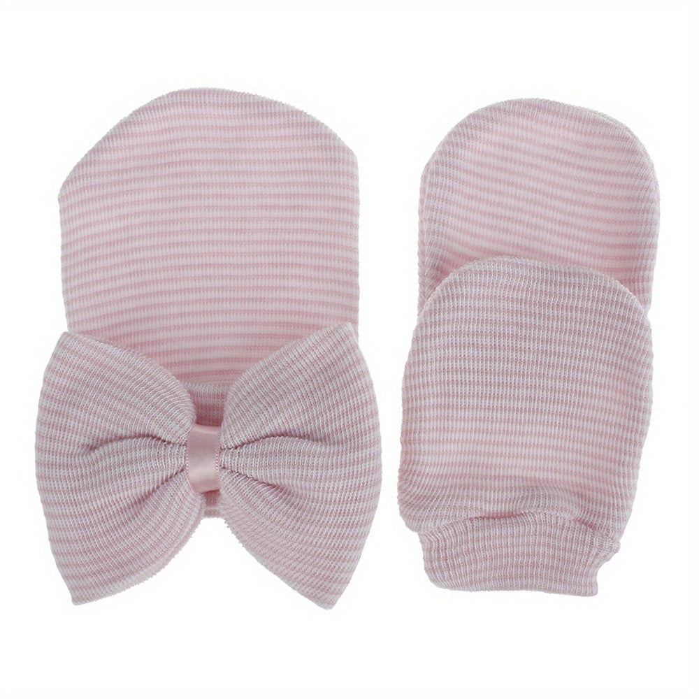 Big Bow Soft Gloves & Hat Set With Baby Pullover Hat