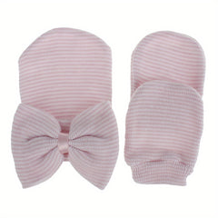 Big Bow Soft Gloves & Hat Set With Baby Pullover Hat