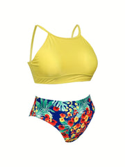 Casual Tankini Set Halter Neck Cami Bra & Floral Print Brief