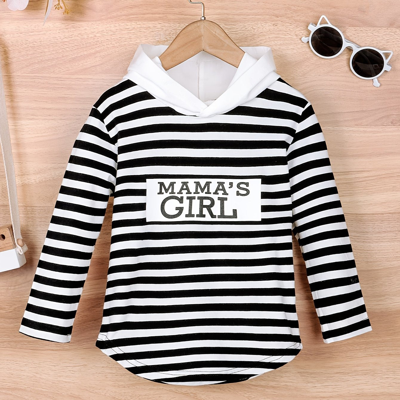 Girls' Striped & Letter Print Hoodie Top