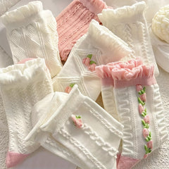 5 Pairs Floral Print & Ruffle Trim Socks Women's Stockings