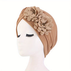 Double Flower Ruffles Turban Cap Solid Pleated Bonnet Head Wrap