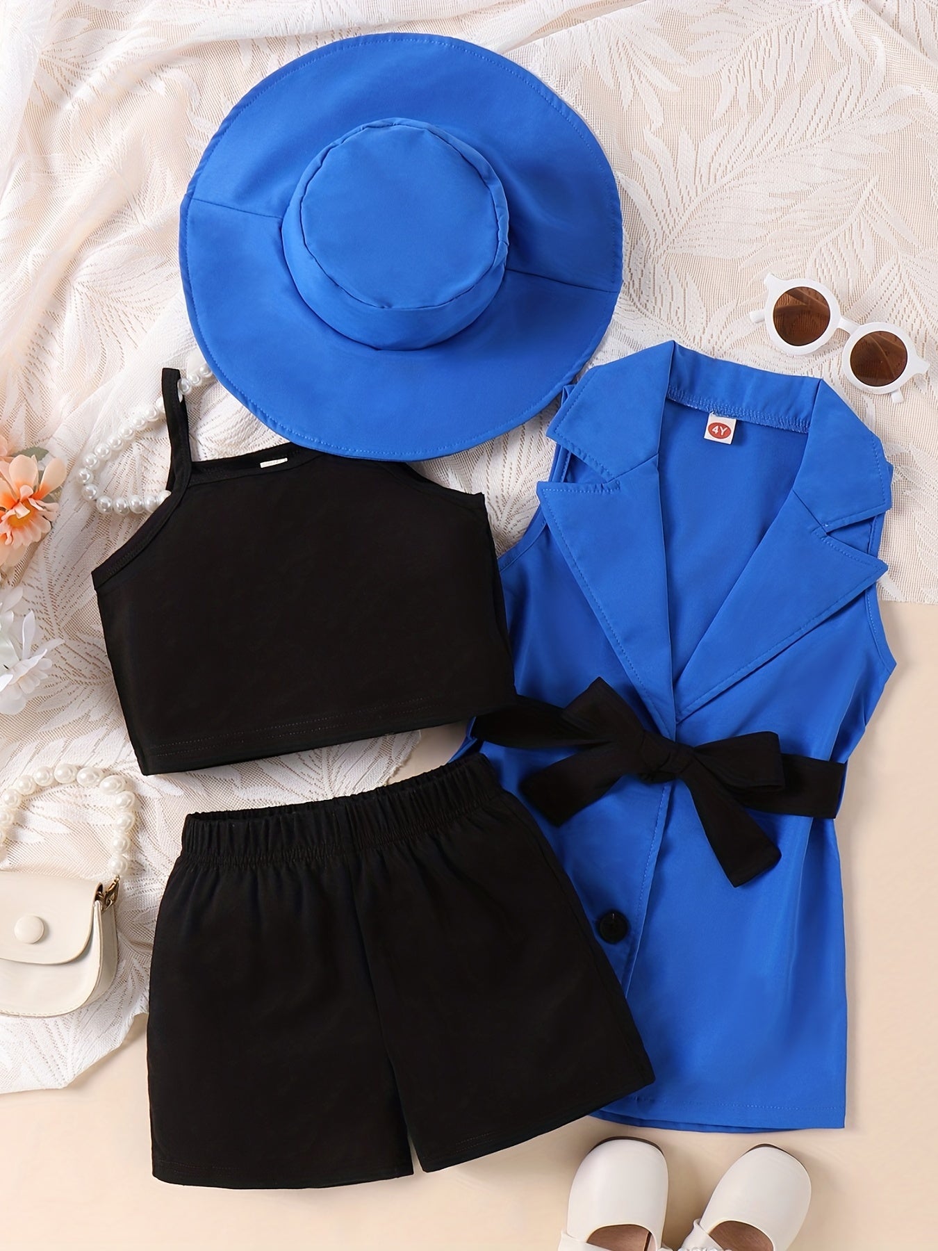 Girls Cami Top & Elastic Waist Shorts & Lapel Vest & Hat Set With Belt