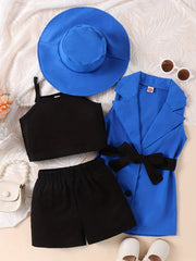 Girls Cami Top & Elastic Waist Shorts & Lapel Vest & Hat Set With Belt