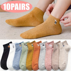 10 Pairs Women Cotton Socks Animal Embroidered Ankle Low Cut Boat Socks