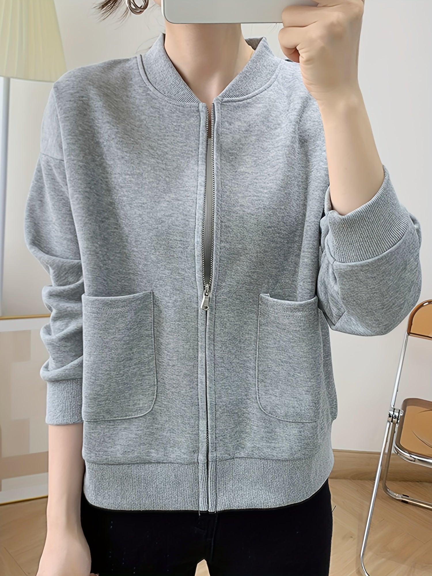 Baseball Neck Solid Jacket Casual Zipper Long Sleeve Outerwear